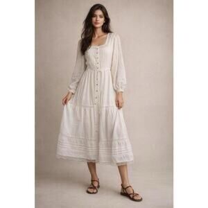 🆕 Caroline Constas White Square-Neck Button Front Prairie Midi Dress
